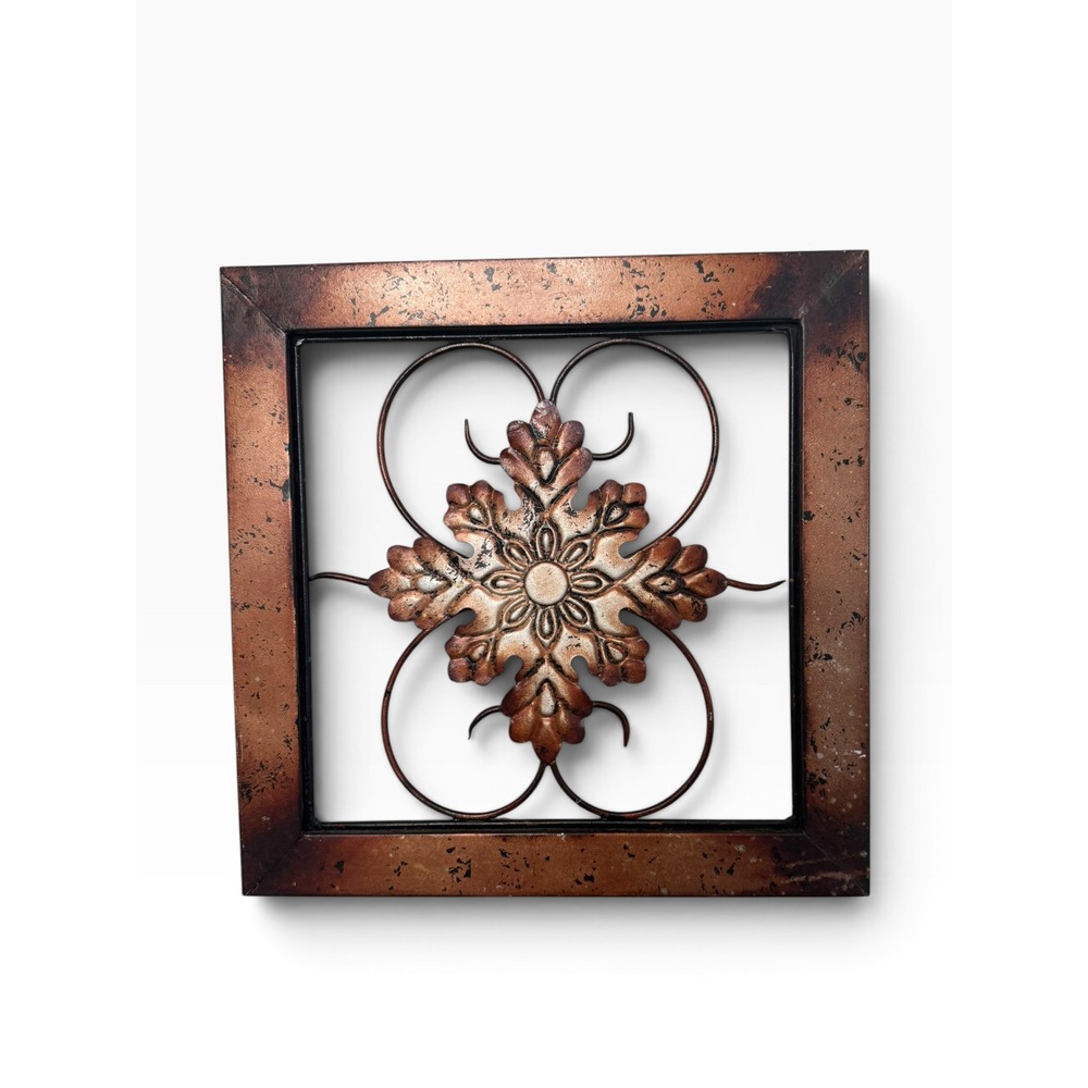 Rustic Square Metal Wall Art Plaque Distressed Copper Bronze Scroll Decor 11in